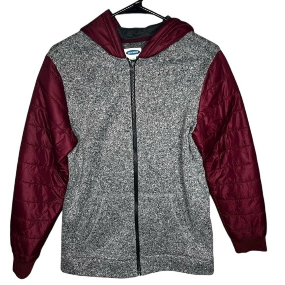 Old Navy Lightweight Boys Gray & Maroon Quilted Sleeve Hoodie Jacket Size XXL 18